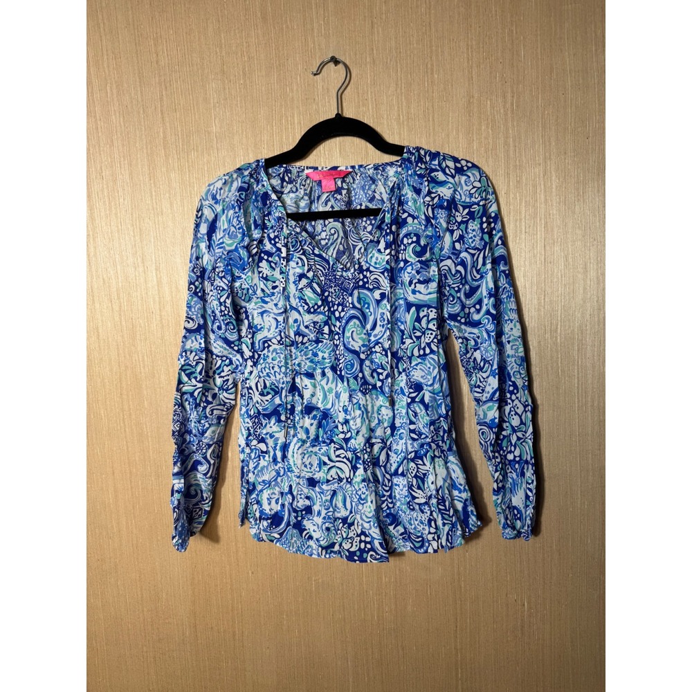 Lilly Pulitzer Elsa Top Womens Blue White Paisley Sea Life Rayon Blouse Small